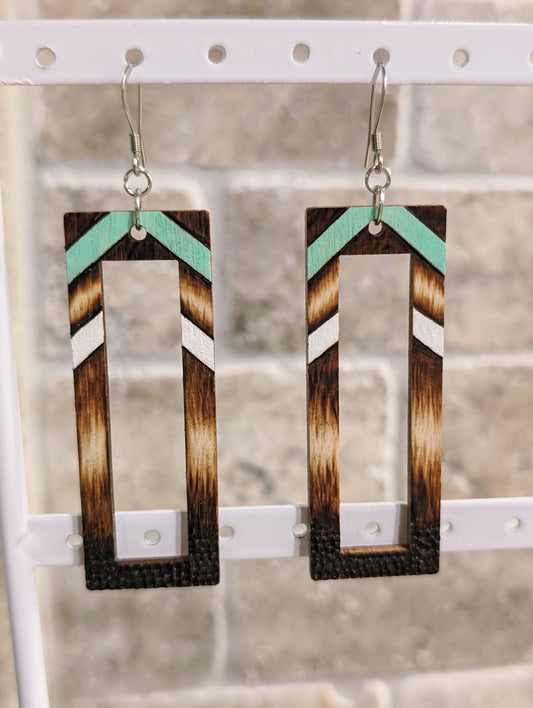 Mint and White Rectangle Woodburned Earrings