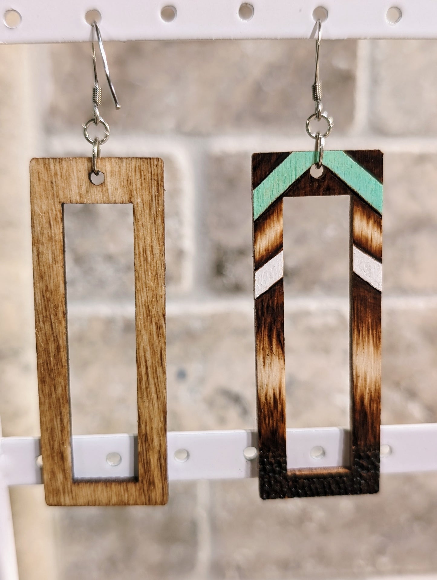 Mint and White Rectangle Woodburned Earrings