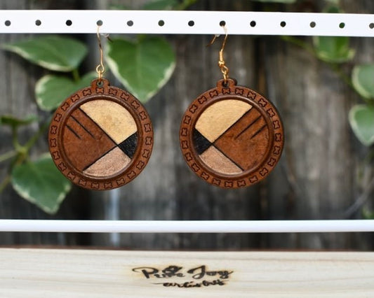 Round Woodburned Gold and Bronze Geometric Earrings