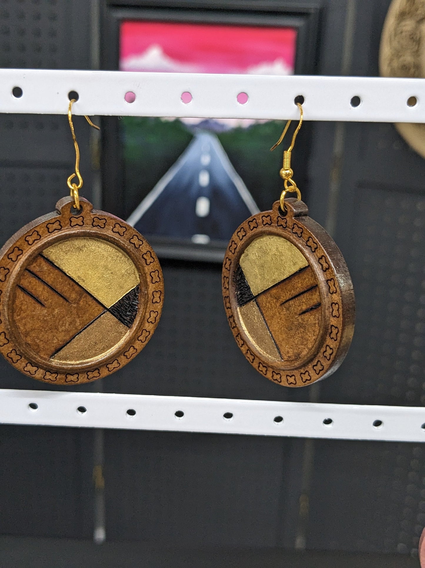 Round Woodburned Gold and Bronze Geometric Earrings