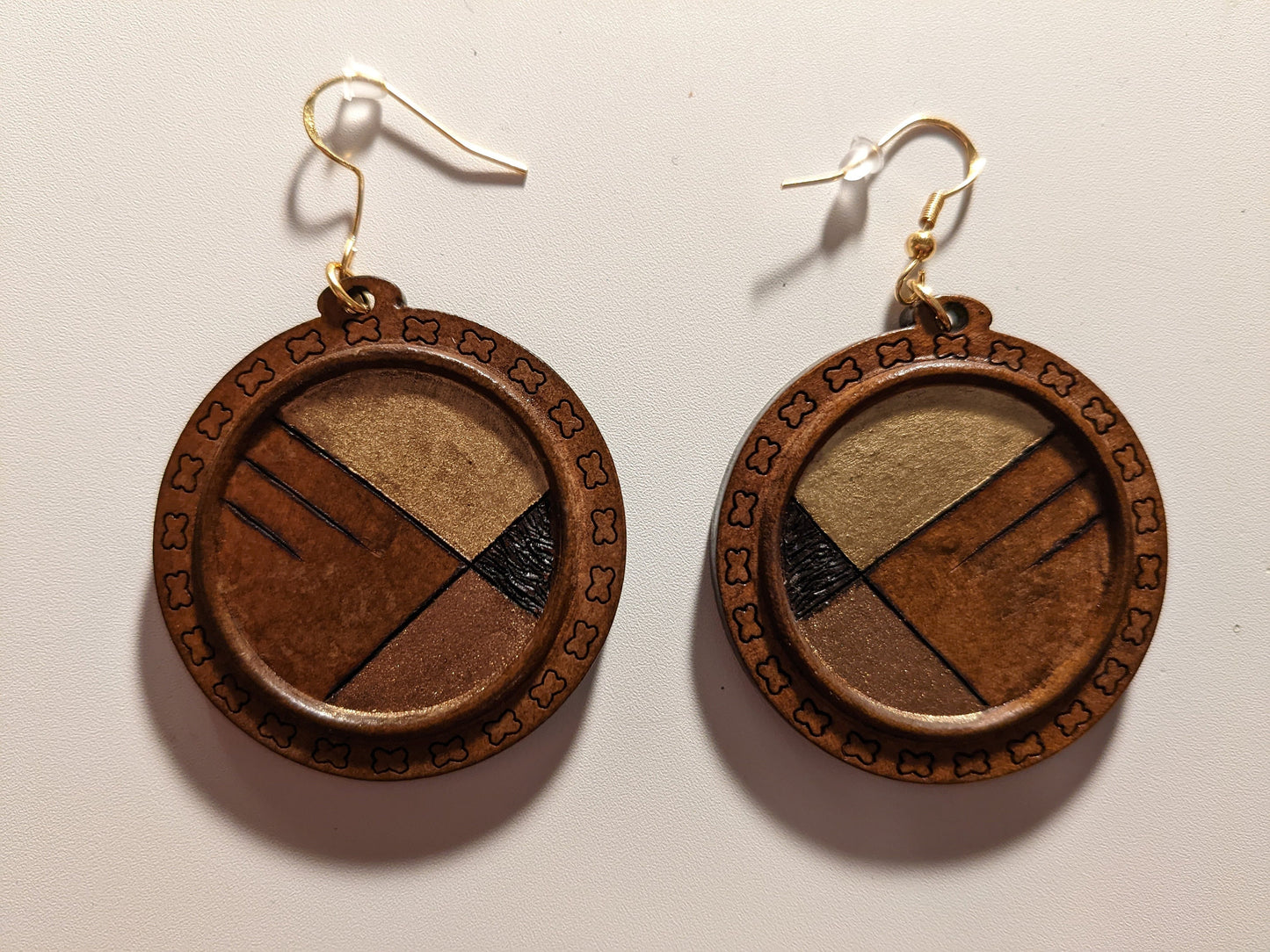 Round Woodburned Gold and Bronze Geometric Earrings